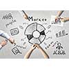 Top view of people hands drawing business teamwork strategy