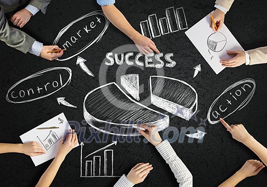 Top view of people hands drawing business teamwork strategy Top view of people hands drawing business teamwork strategy