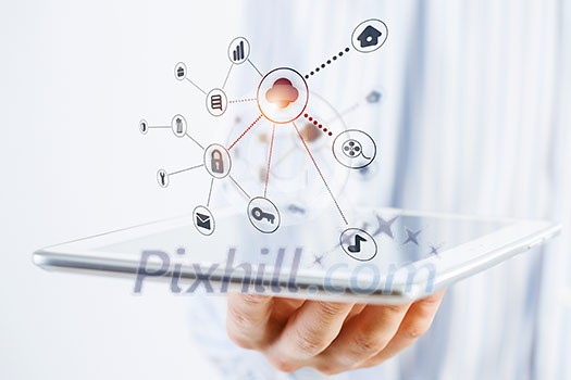 Hands of businessman demostrating tablet and network connection concept Hands of businessman demostrating tablet and network connection concept