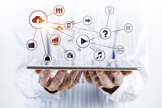 Hands of businessman demostrating tablet and network connection concept Hands of businessman demostrating tablet and network connection concept