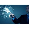 Businessman hand touching with finger digital connection lines on virtual screen