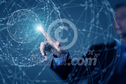 Businessman hand touching with finger digital connection lines on virtual screen Businessman hand touching with finger digital connection lines on virtual screen