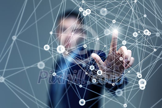 Businessman hand touching with finger digital connection lines on virtual screen Businessman hand touching with finger digital connection lines on virtual screen