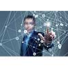 Businessman hand touching with finger digital connection lines on virtual screen