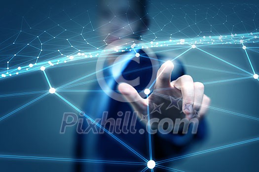 Businessman hand touching with finger digital connection lines on virtual screen Businessman hand touching with finger digital connection lines on virtual screen