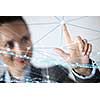 Businesswoman hand touching with finger digital connection lines on virtual screen