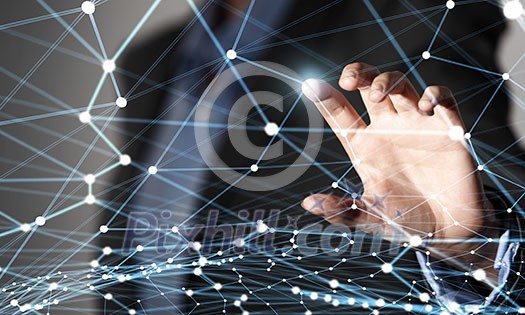 Businesswoman hand touching with finger digital connection lines on virtual screen Businesswoman hand touching with finger digital connection lines on virtual screen