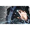 Businesswoman hand touching with finger digital connection lines on virtual screen