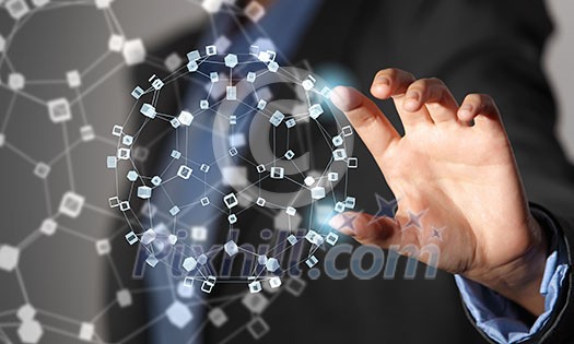 Businesswoman hand touching with finger digital connection lines on virtual screen Businesswoman hand touching with finger digital connection lines on virtual screen