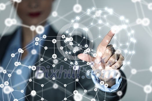Businesswoman hand touching with finger digital connection lines on virtual screen Businesswoman hand touching with finger digital connection lines on virtual screen