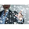Businesswoman hand touching with finger digital connection lines on virtual screen