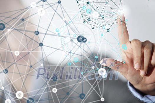 Businesswoman hand touching with finger digital connection lines on virtual screen Businesswoman hand touching with finger digital connection lines on virtual screen