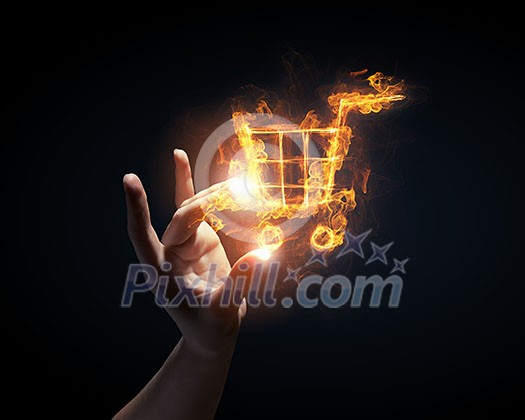 Glowing fire cart sign on dark background Glowing fire cart sign on dark background