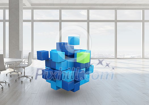 Office window in day lights and digital cube Office window in day lights and digital cube