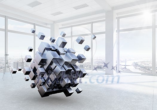 Office window in day lights and digital cube Office window in day lights and digital cube