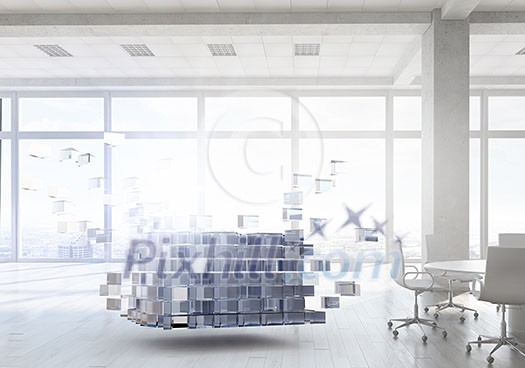 Office window in day lights and digital cube Office window in day lights and digital cube