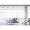 Office window in day lights and digital cube