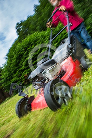 Senior man mowing the lawn in his garden Senior man mowing the lawn in his garden