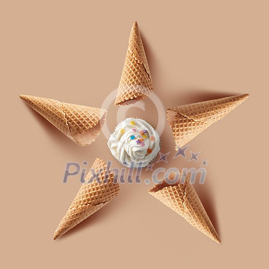 waffle cones with Vanilla ice cream on beige background waffle cones with Vanilla ice cream on beige background