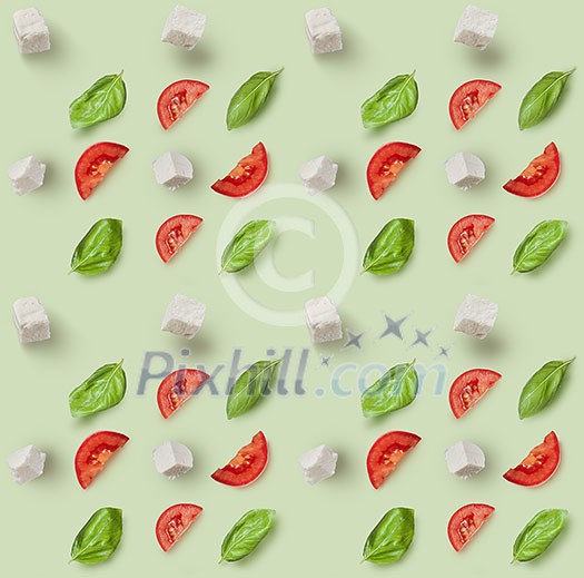 Seamless pattern mozzarella, cherry tomatoes and fresh basil. Ingredients for caprese salad on a green background Seamless pattern mozzarella, cherry tomatoes and fresh basil. Ingredients for caprese salad on a green background