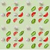 Seamless pattern mozzarella, cherry tomatoes and fresh basil. Ingredients for caprese salad on a green background
