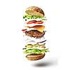 Delicious hamburger with flying ingredients on white background