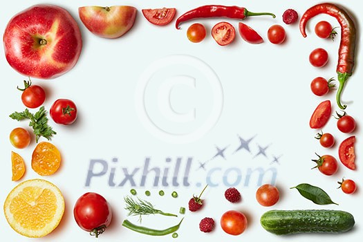 Frame of vegetables and fruits on white background. Unusual place for text about cooking, nutrition, healthy lifestyles, Italian food,