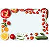 Frame of vegetables and fruits on white background. Unusual place for text about cooking, nutrition, healthy lifestyles, Italian food,