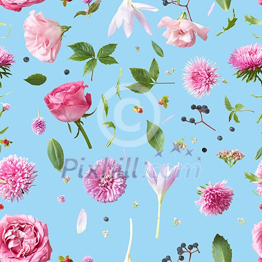 Elegance Seamless wallpaper pattern with of pink flowers on blue background Elegance Seamless wallpaper pattern with of pink flowers on blue background