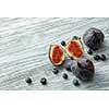 Fresh figs and blueberries, on gray background