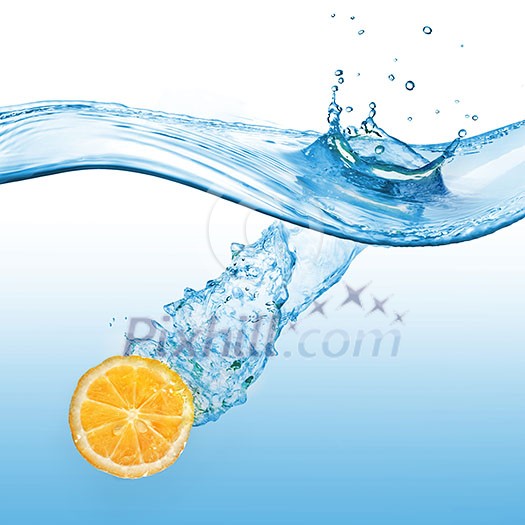 Orange falling into the water isolated on a blue background. Orange falling into the water isolated on a blue background.