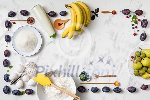 banana pie ingredients with berries on white background. banana pie ingredients with berries on white background.