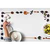 Baking background with ingredients for fruit cake and woman take egg in the frame in white background