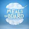 burger made of natural clouds and text Meals on board , Concept Food service on board of the aircraft