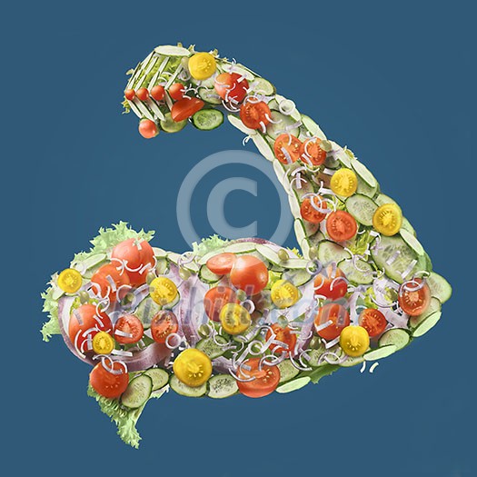 Power fresh salad. Vegetables with big muscular man hand in blue background Power fresh salad. Vegetables with big muscular man hand in blue background