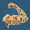 Power fresh salad. Vegetables with big muscular man hand in blue background