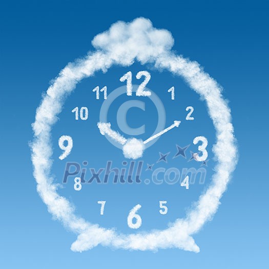 the alarm clock made of clouds on a blue sky background the alarm clock made of clouds on a blue sky background