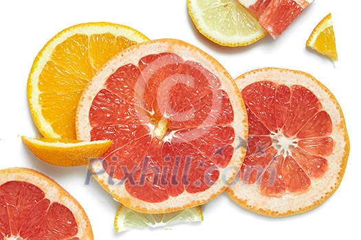 set of different fruits slices isolated on white background. summer and healthy concept set of different fruits slices isolated on white background. summer and healthy concept