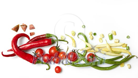red pepper, yellow and green beans with cherry tomatoes. Isolated on a white background. red pepper, yellow and green beans with cherry tomatoes. Isolated on a white background.