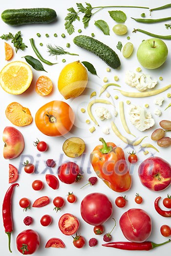 Rainbow collection of fruits and vegetables on white backdrop, weight loss, food for vegans and healthy diet.