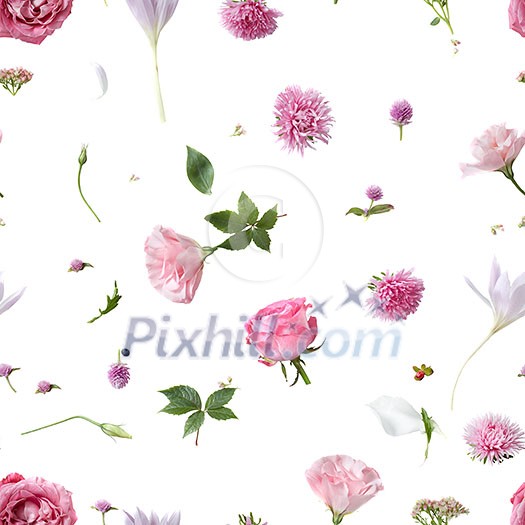 Seamless pattern. Various soft flowers and leaves scattered on a white background, Seamless pattern. Various soft flowers and leaves scattered on a white background,