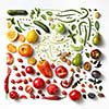 Healthy eating pattern background studio photography of different fruits and vegetables on white backdrop, top view.
