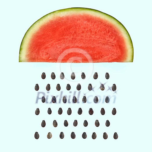 Watermelon slice with seeds raining on light blue background. Flat lay. Weather concept. Watermelon slice with seeds raining on light blue background. Flat lay. Weather concept.