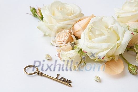 Key with the blooming rose and fresh petals as a symbol of love Key with the blooming rose and fresh petals as a symbol of love