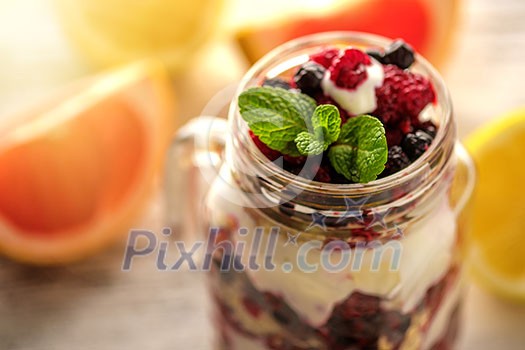 Muesli, fresh berries and yogurt in glass mason jar. Healthy breakfast with Homemade granola. Selective focus. Muesli, fresh berries and yogurt in glass mason jar. Healthy breakfast with Homemade granola. Selective focus.