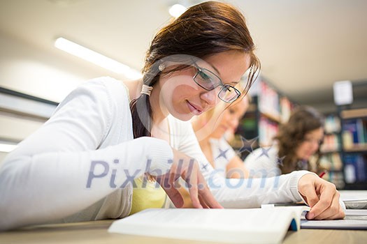 Group of university students studying hard for an exam in a lovely bright sunlit studying room/library