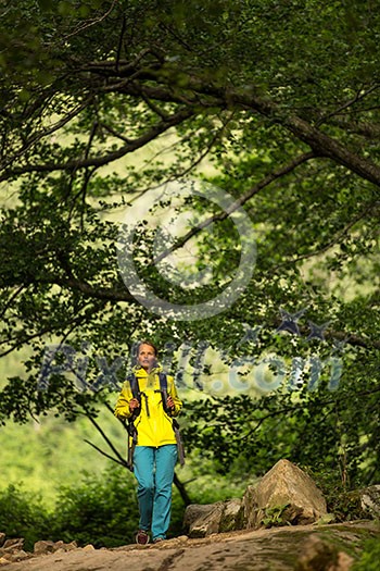 Pretty, young female hiker walking through a splendid old forest (shallow DOF) Pretty, young female hiker walking through a splendid old forest (shallow DOF)