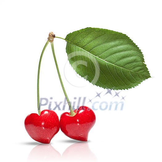 red cherry in shape of heart with leaf isolated on white red cherry in shape of heart with leaf isolated on white