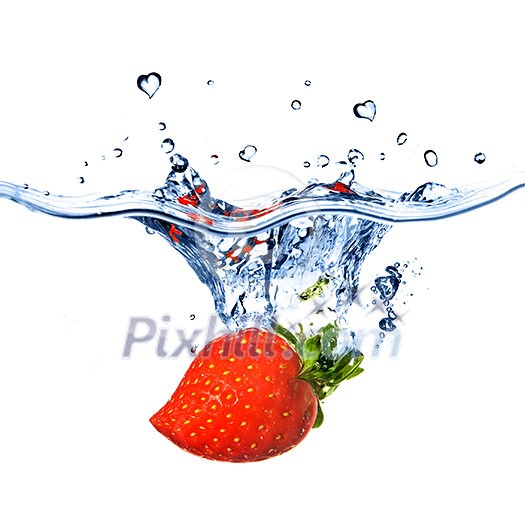 heart from strawberry dropped into water with splash isolated on white heart from strawberry dropped into water with splash isolated on white
