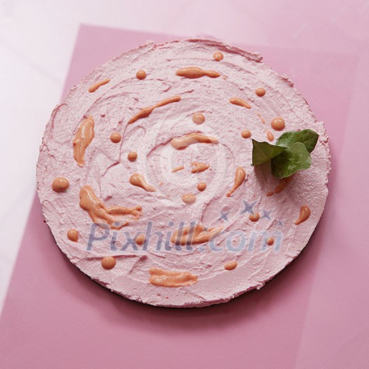 Special pink cake for birthday party represented on table. Delicious cake for eating and serving for guests. Special pink cake for birthday party represented on table. Delicious cake for eating and serving for guests.
